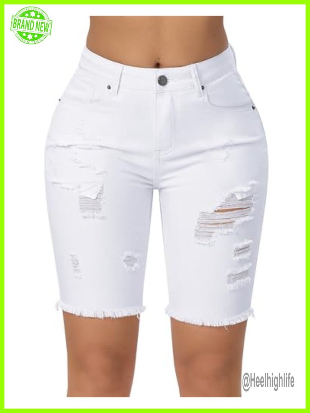 High Waisted Bermuda Denim Shorts Frayed Hem Distressed Stretch